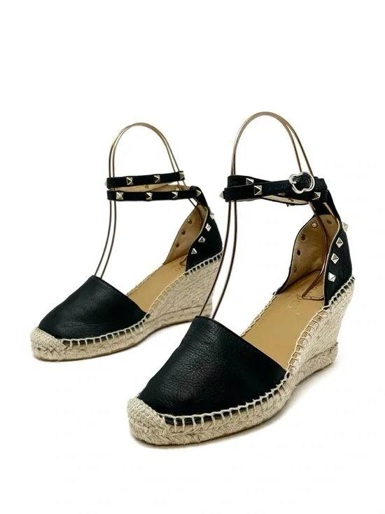 Maypol Studded Leather Wedge Espadrilles Size 39/ Black Leather Gold Studs - Picture 11 of 11